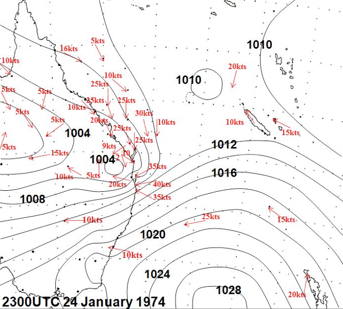 Cyclone Wanda, 1974: mean sea level analysis 24 Jan moving inland